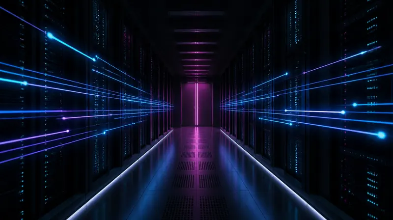 Pasillo de un centro de datos con fibra iluminada